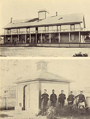 Uniforms had changed but little, and buildings even less, between the Civil War and 1892, when these pictures were taken at San Diego Barracks. Top, the main building; below, the magazine. A saloon, complete with broken window, was conveniently located (extreme left) across the street.