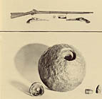 SUCH WERE SAN DIEGO'S WEAPONS IN 1861. Typical of the Union force's arms was the .58 calibre Springfield musket, shown at the top; immediately below it are a box of its percussion caps, and the paper cartridge containing ball and powder. To the left and right are the Colt's Army revolver, model of 1860, and the Remington Army of the same time; both are .44 calibre, cap-and-ball. Below is a 24-pounder case-shot fired by San Diego's Civil War battery, and dredged up from the bay in 1940. Its fuse is to the left, while to the right, for comparison in size, are two .58 calibre Minie balls, also dredged up in 1940.